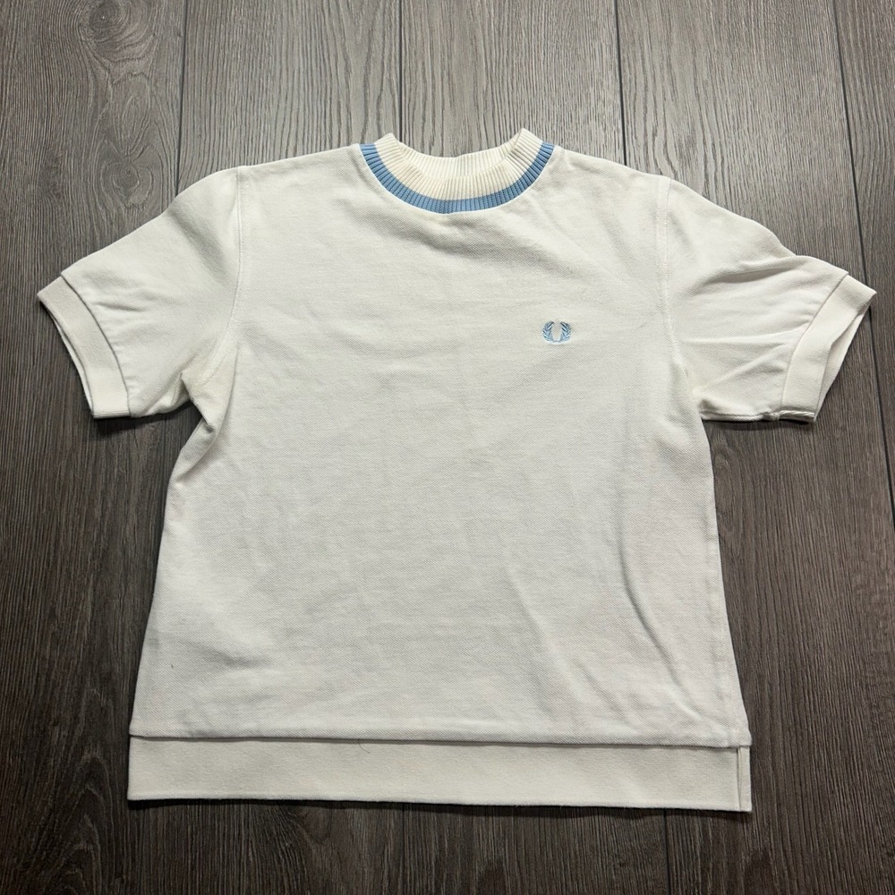 Fred Perry Sportswear White Pique T-Shirt Blue Tipped Crew Neck Size 10 Portugal